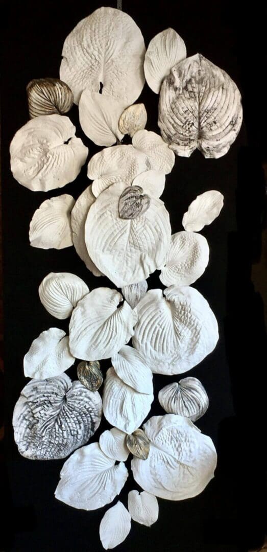 White textured fabric flowers arranged on a black background.