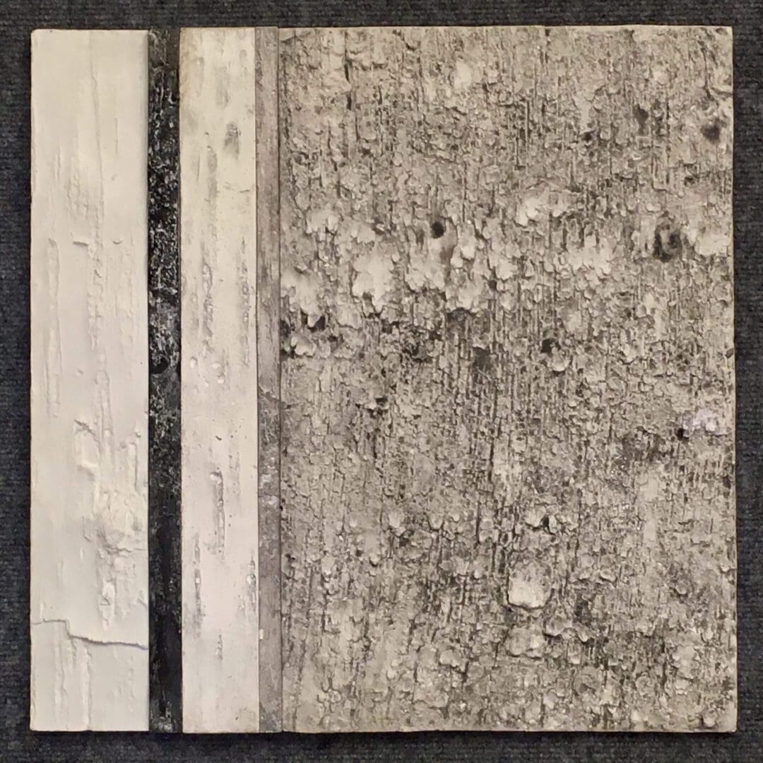 Abstract textured artwork with contrasting vertical stripes and earthy tones.