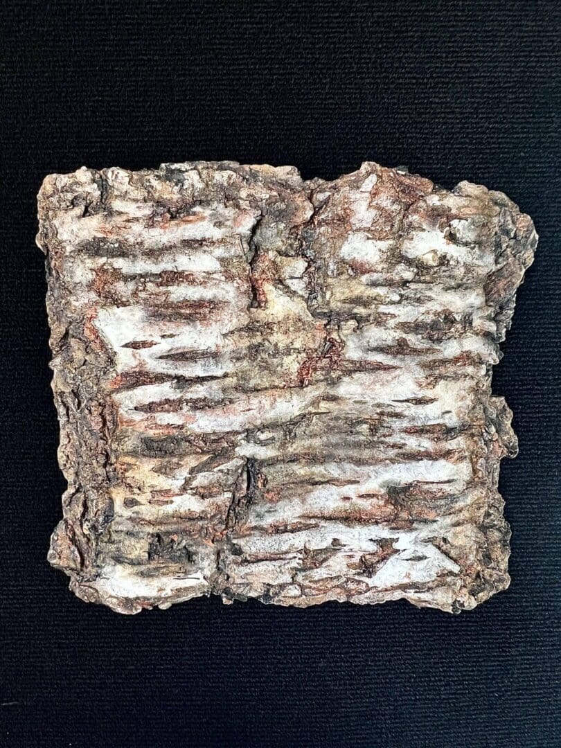 Close-up of a textured, bark-like square object with grooves and rough surface.